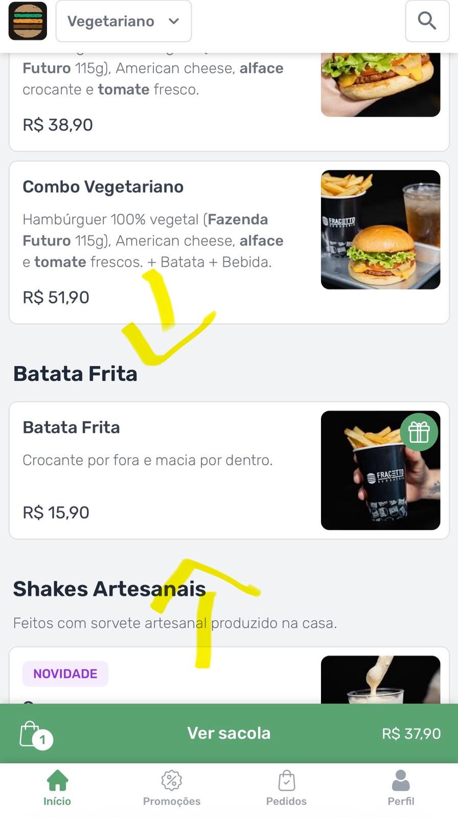Tela do cardápio mostrando a Batata Frita