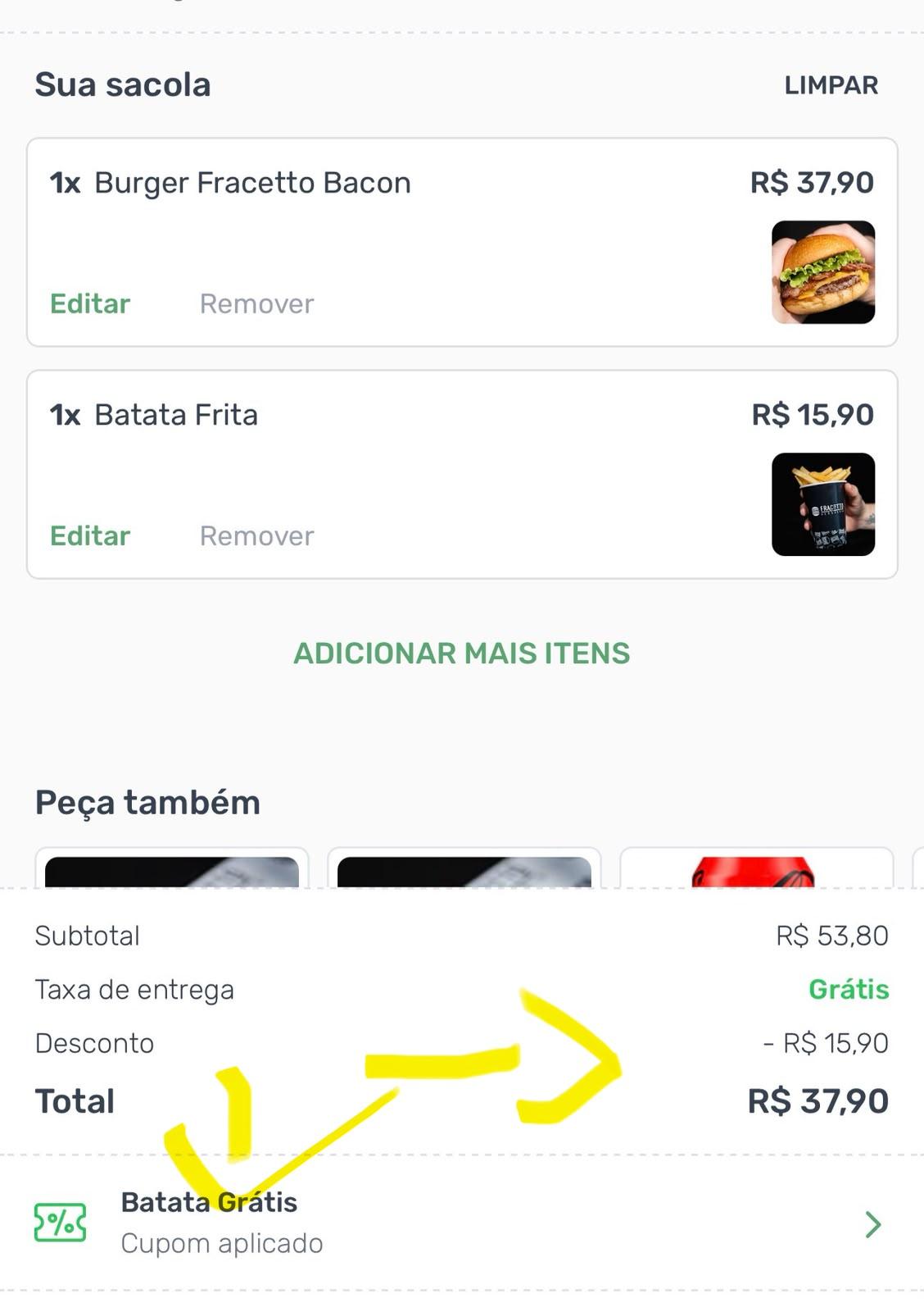 Carrinho mostrando o desconto da Batata Grátis