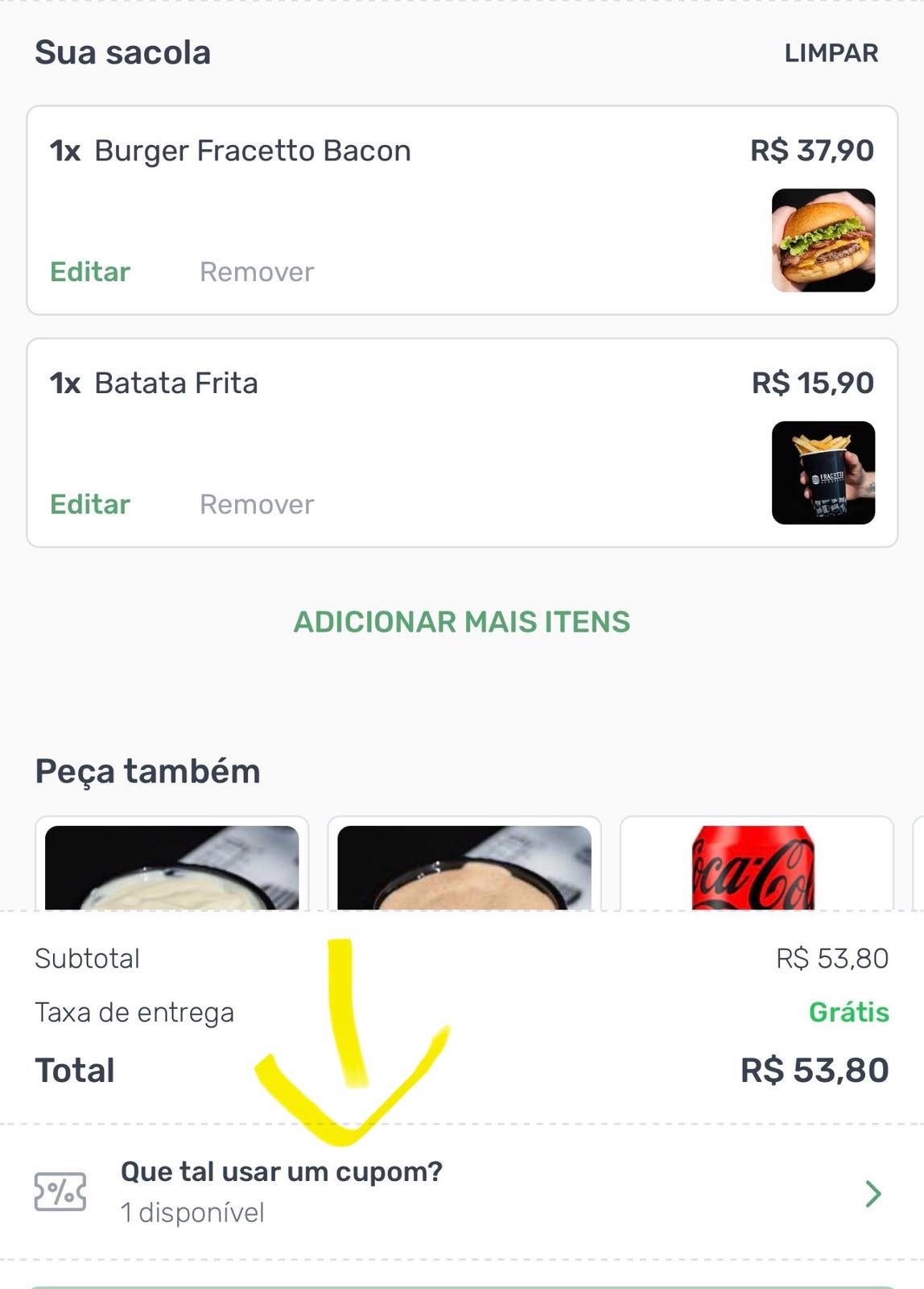 Tela do carrinho mostrando o campo de cupom