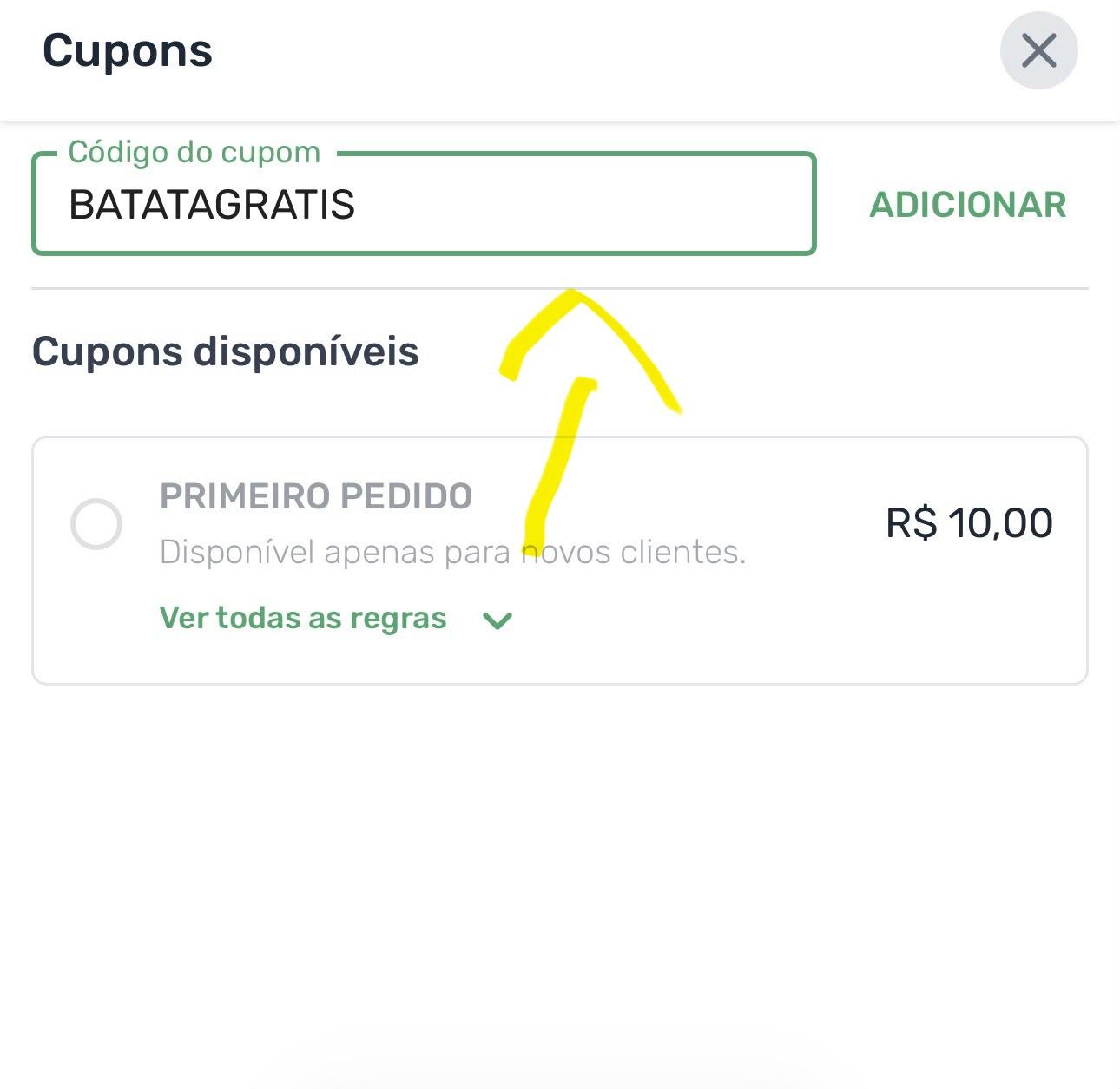 Tela de cupons com BATATAGRATIS preenchido